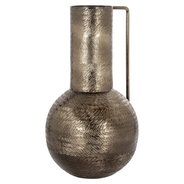 Decorative vase in a smoky color with a metallic finish, modern design.