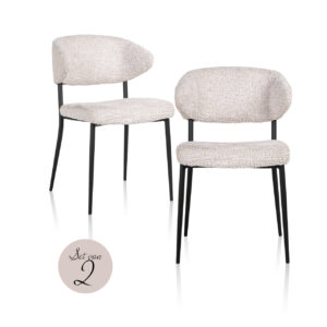 Set of 2 beige dining chairs with black legs.