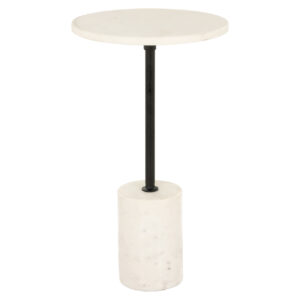 Modern side table with a white marble top and black metal legs.