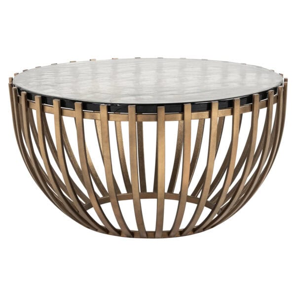 Modern round coffee table with a gold frame and a marble top.