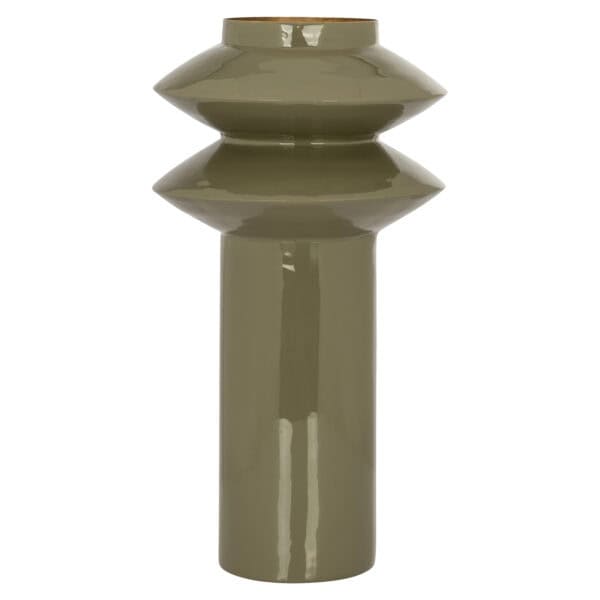 Olive-colored vase with a modern design, perfect for home decor.