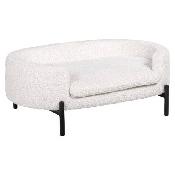 White " Dolly " sheep-print dog bed with a black frame for pets.