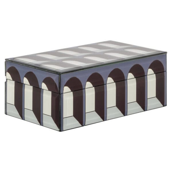 Petite boîte de rangement noire avec un motif architectural, pour s'organiser.