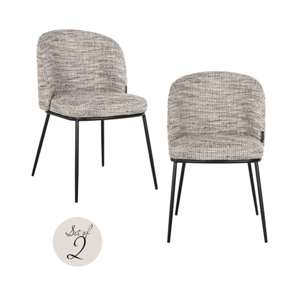 Set van 2 Elvi eetkamerstoelen met trendy nature stof en zwarte poten.