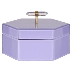 Grande boîte de rangement violette « Jutta » avec une poignée dorée et un couvercle décoratif.