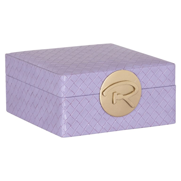Paars opbergdoos met gouden R-logo voor stijlvolle opbergruimte.