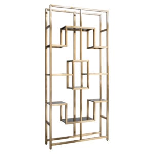 Modern gold wall cabinet with a geometric design for interior decoration.