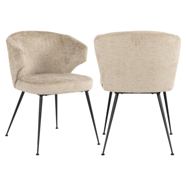Modern " Xandra " dining chair in beige fabric with black metal legs.