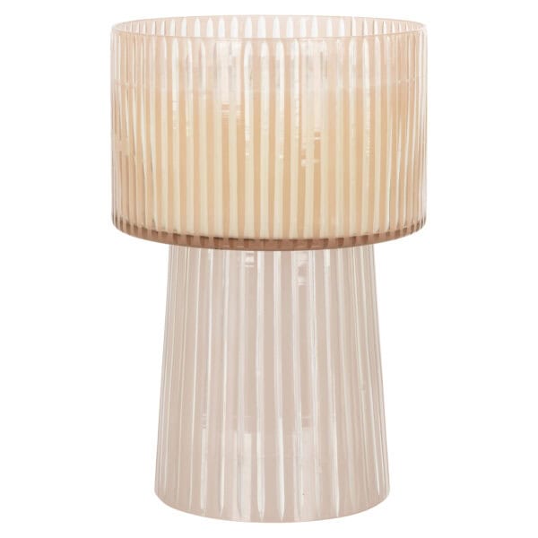 Modern table lamp with vertical slats in beige and white, featuring an elegant design for any interior.