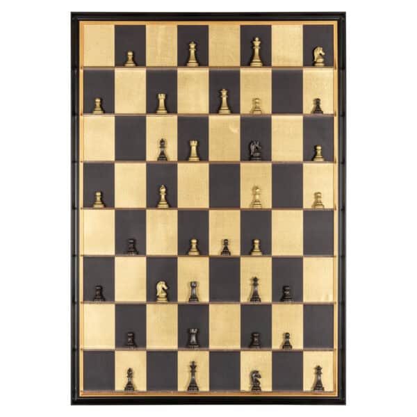Wooden chessboard with black and white chess pieces.