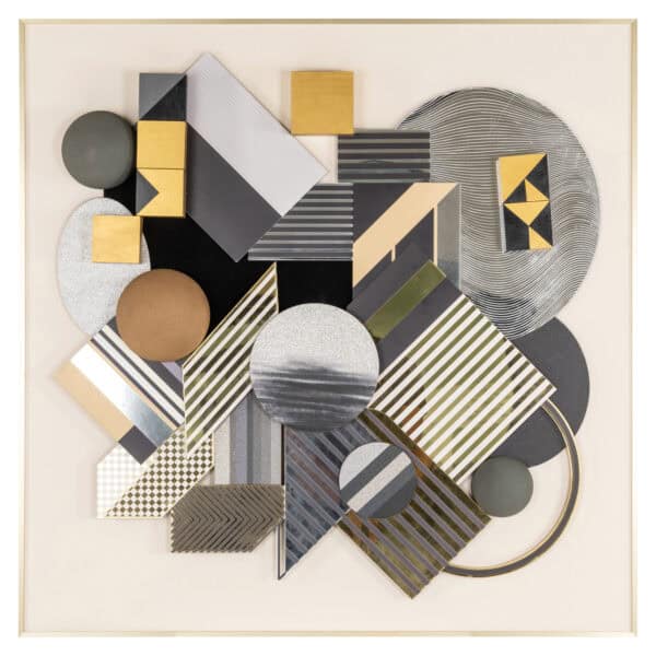 Modern 3D wall decor featuring geometric shapes in black and gold.