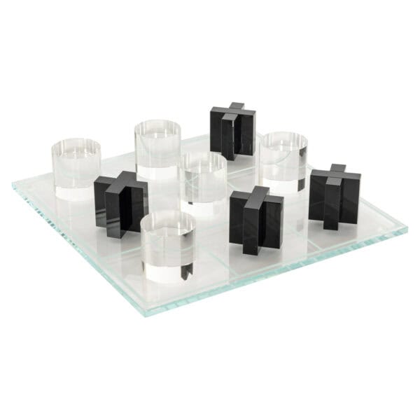 Modernes „ Zala “ in Schwarz – Tic-Tac-Toe-Spiel auf Glasuntergrund zur Innendekoration.