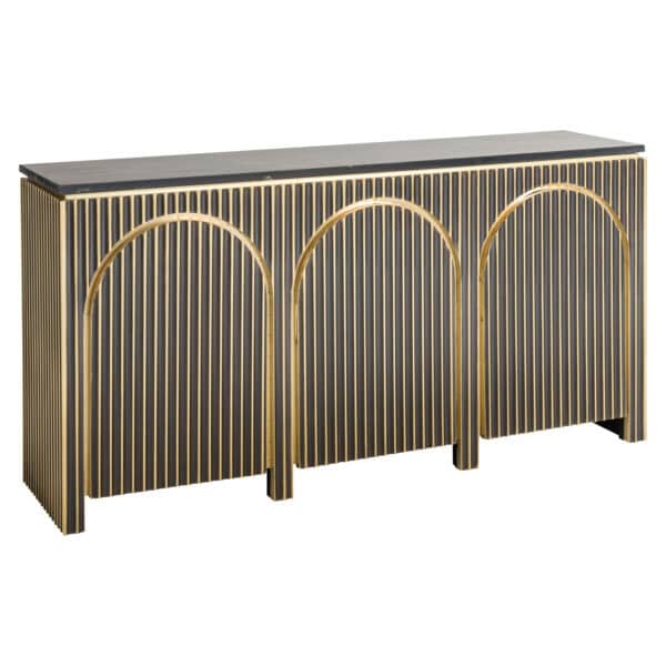 Elegantes „ Anrichte “ mit goldenen Details und schwarzer Tischplatte, modernes Design.