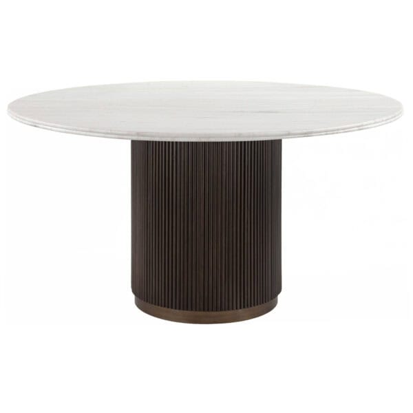 Modern dining table with a white marble top and a dark wood base.