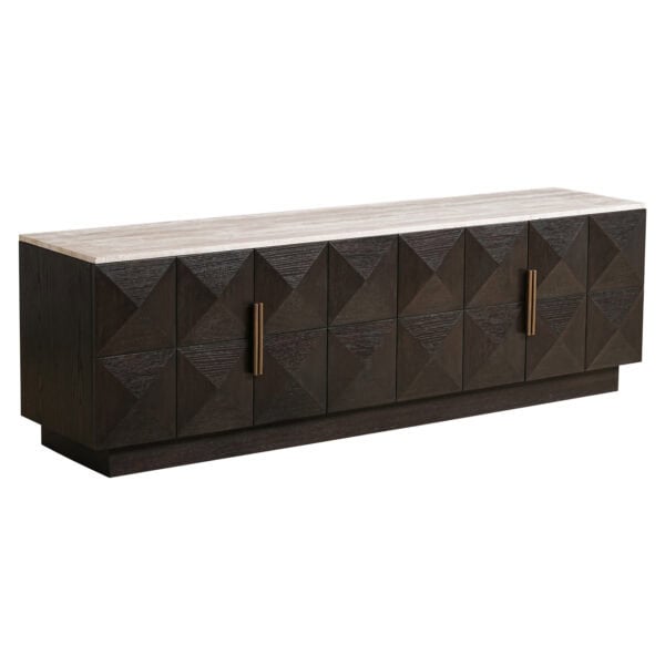 Elegantes braunes TV-Möbel mit geometrischem Muster und goldfarbenen Griffen.