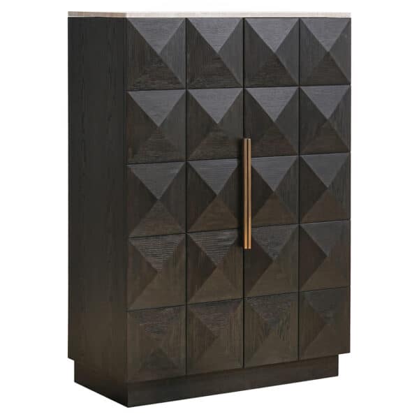 Armoire de rangement moderne en bois, ornée d'un motif géométrique et dotée d'une poignée dorée.