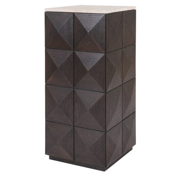 Modern wooden cabinet with a geometric pattern for interior decoration.
