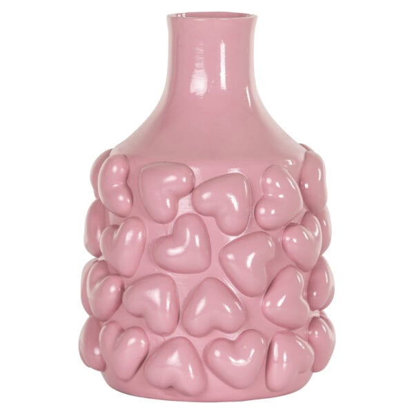 Vase rose orné de motifs en forme de cœur, idéal pour la décoration d'intérieur.