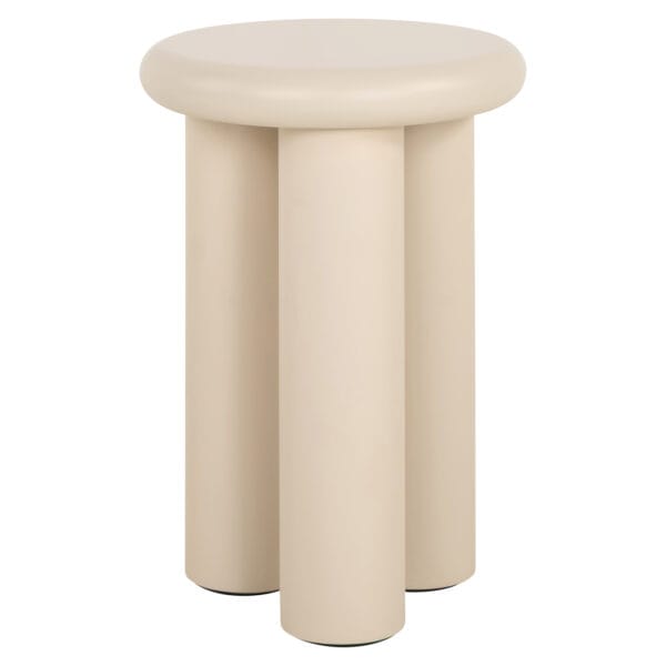Moderne beige bijzettafel met ronde top en cilindervormige poten.