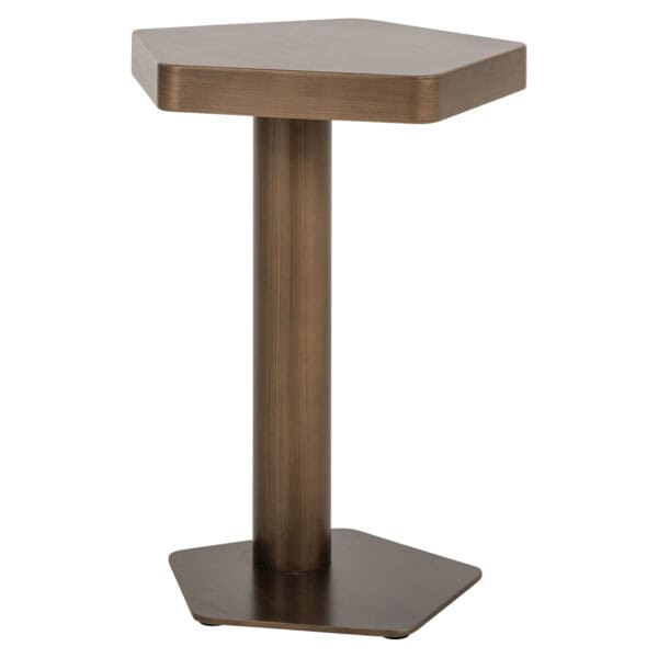 Moderne bijzettafel met hexagonale top en brushed goud afwerking.