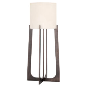 Moderne Tischlampe „Loura“ mit bronzefarbener Oberfläche und weißem Lampenschirm.