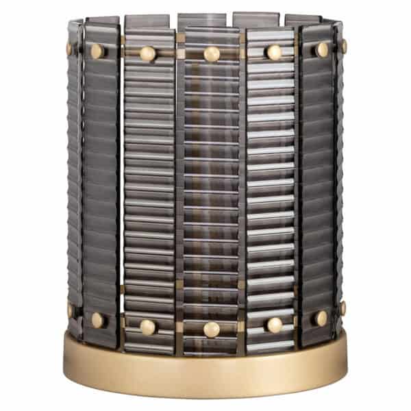 Klein windlicht Daylin Smoke met ronde houten knoppen en metalen basis.