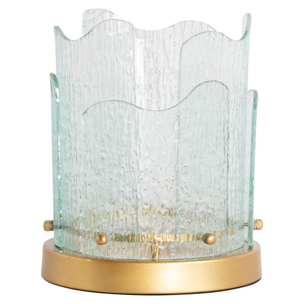 Goudkleurig windlicht Danila met glazen wanden en decoratieve details.