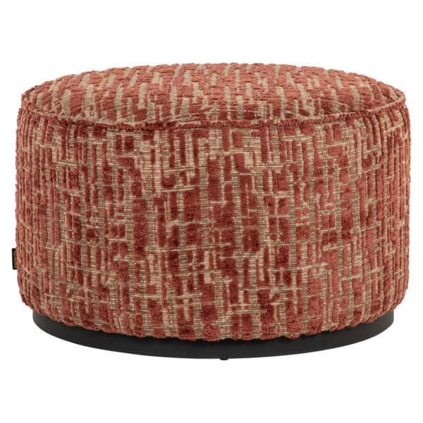 Round ottoman and footstool in terra color with a geometric pattern.