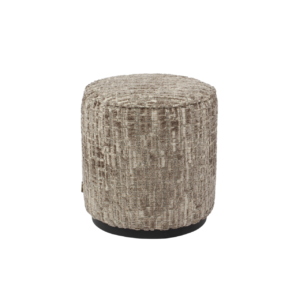 Round ottoman and footstool in greige fabric for the living room.