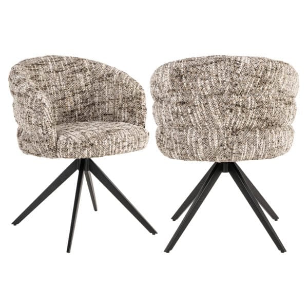Modern brown Omara swivel dining chair with black legs.
