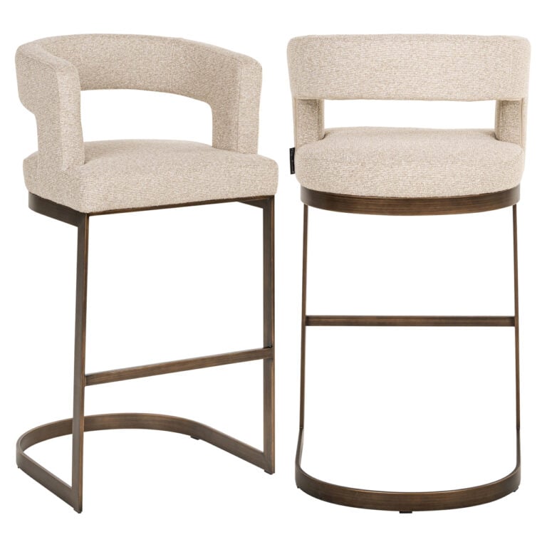 Ellis Biscotti modern bar stool with beige upholstery and a wooden frame.
