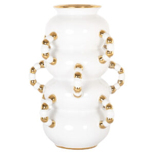 Elegant white vase with gold accents, perfect for home decor.