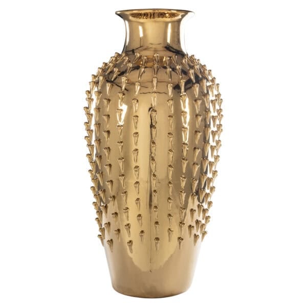 Vase doré à la texture et au motif décoratif, destiné à la décoration d'intérieur.