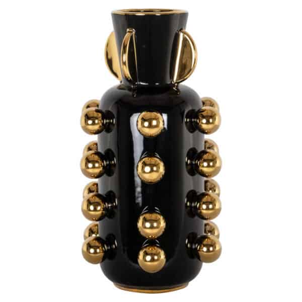 Elegant black vase with gold decorative knobs and handles.