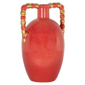 Colorful ceramic vase with gold and red accents.