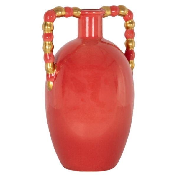 Vase orange aux couleurs vives, orné de détails dorés et rouges, au design moderne.