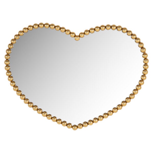 Heart-shaped mirror with a gold beaded border for decoration.