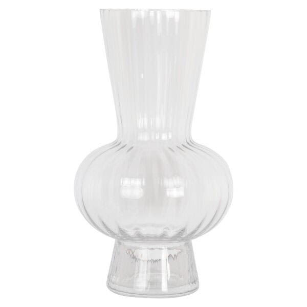 Clear, transparent glass vase for interior decoration.