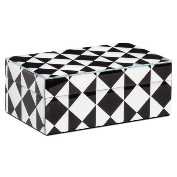 Petite boîte de rangement noire et blanche à motifs géométriques.