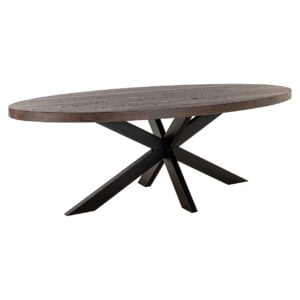 Watson Dining Table with a dark brown wooden top and a black metal base.