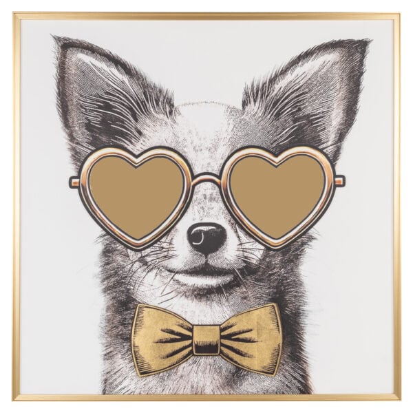 L'adorable hond , avec ses lunettes de soleil en forme de cœur et son nœud noir et gold.