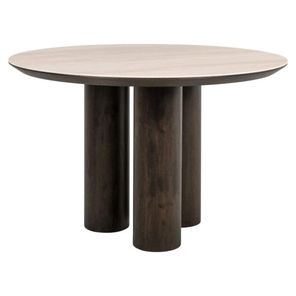 Ritz dining table with a round light-wood tabletop and dark-wood legs.