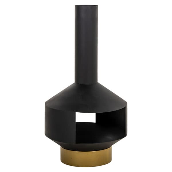Quinn , a modern black fire pit with a gold-colored base for outdoor use.