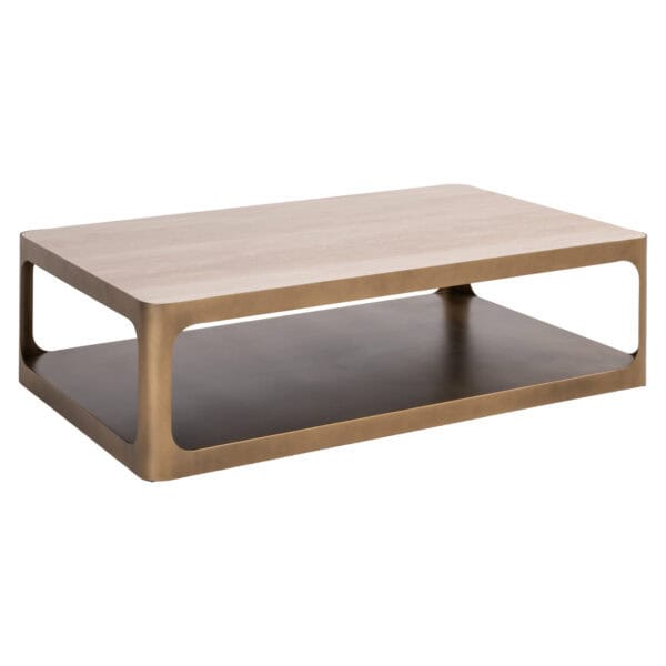 Moderner beiger Couchtisch mit Ablage für Wohnzimmer.