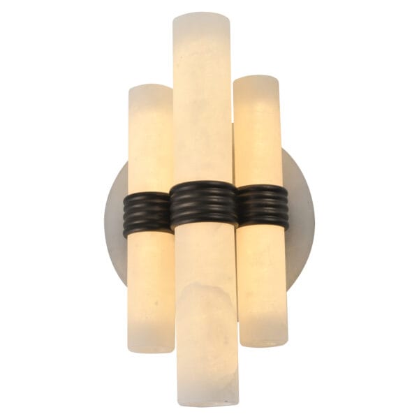 Zara white wall sconce with four cylindrical lampshades and black accents.