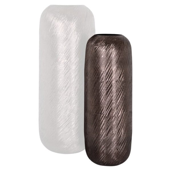 Two elegant vases in white and brown with a textured finish, featuring a modern design for interior decoration.