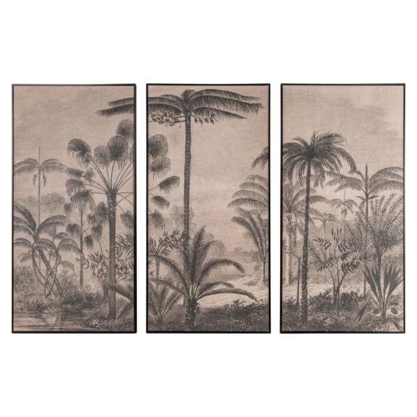 Set aus 3 Wandbildern mit tropischer Landschaft in Brauntönen.