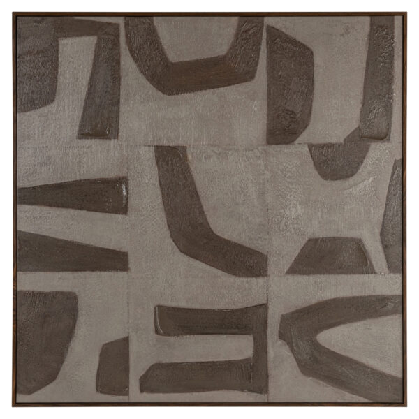 Modern abstract wall art featuring sand-colored and dark shapes.