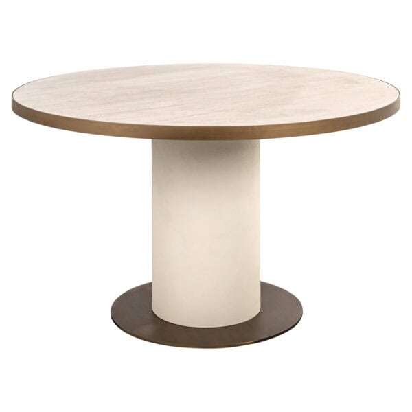 Moderner runder Esstisch „ Tivoli “ in Weiß und Holz, Durchmesser 130 cm.