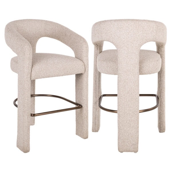 Modern beige bar stools with metal footrests for the kitchen or bar.